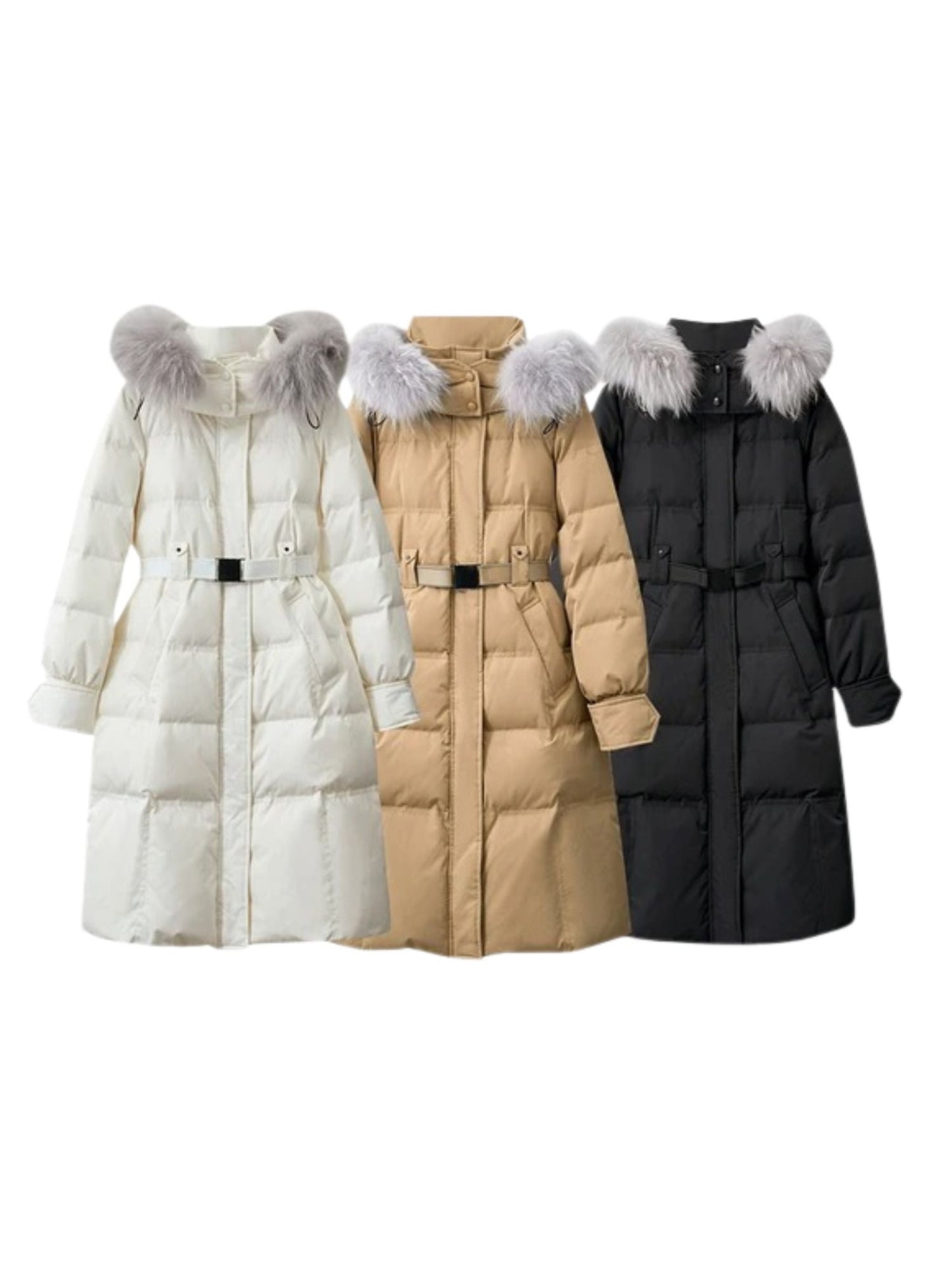 Lange gesteppte Daunenjacke mit abnehmbarem Fellkragen und verstellbarem Gürtel