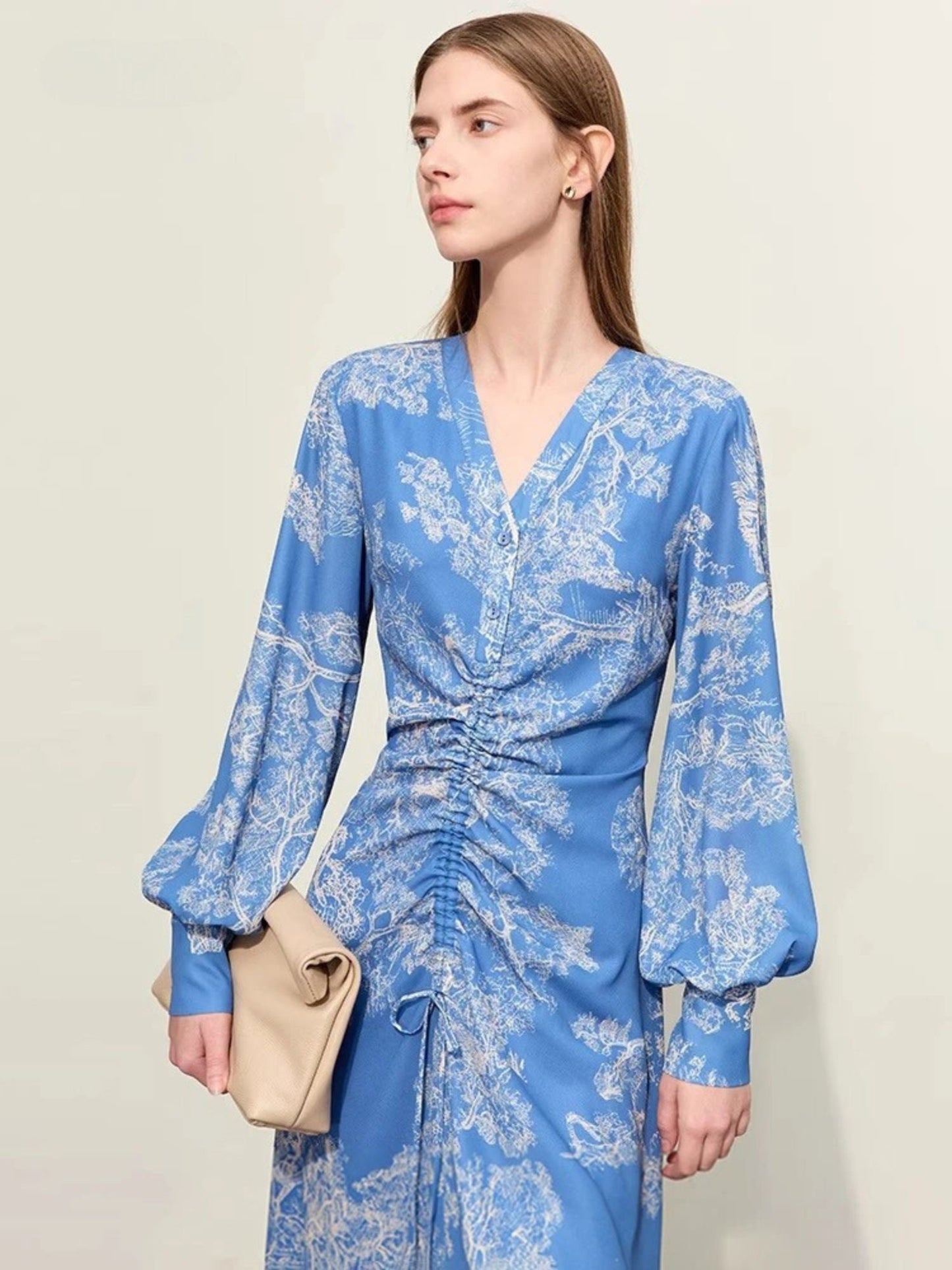 V-Ausschnitt Chiffon-Kleid mit Kordelzug und Laternenärmeln