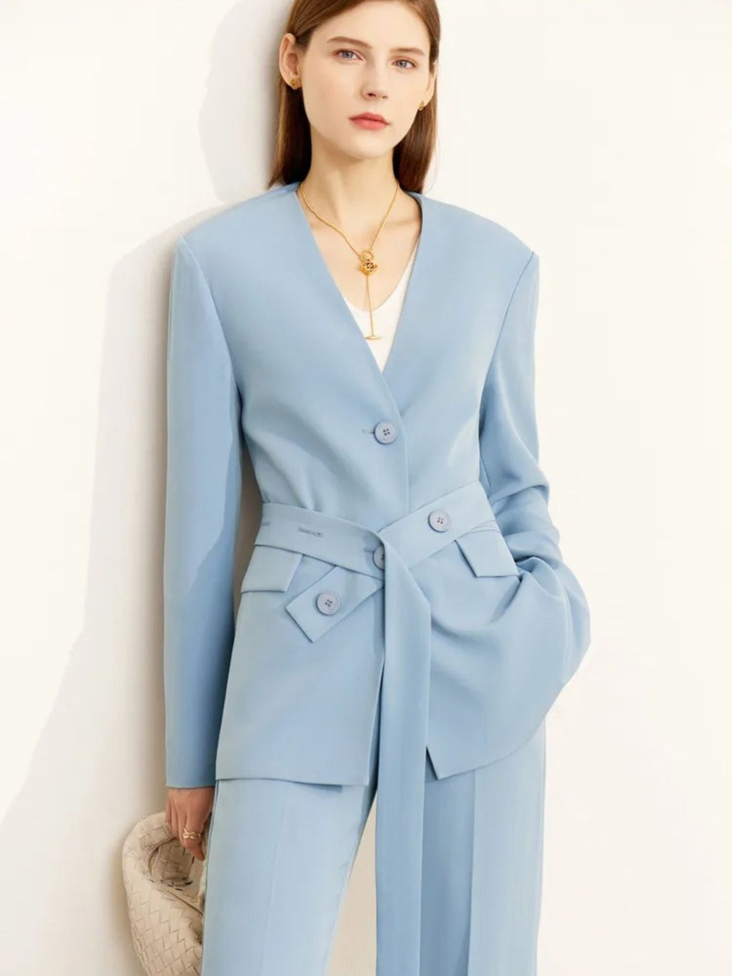 Minimalistischer V-Ausschnitt Blazer und Weitbein-Hose Set
