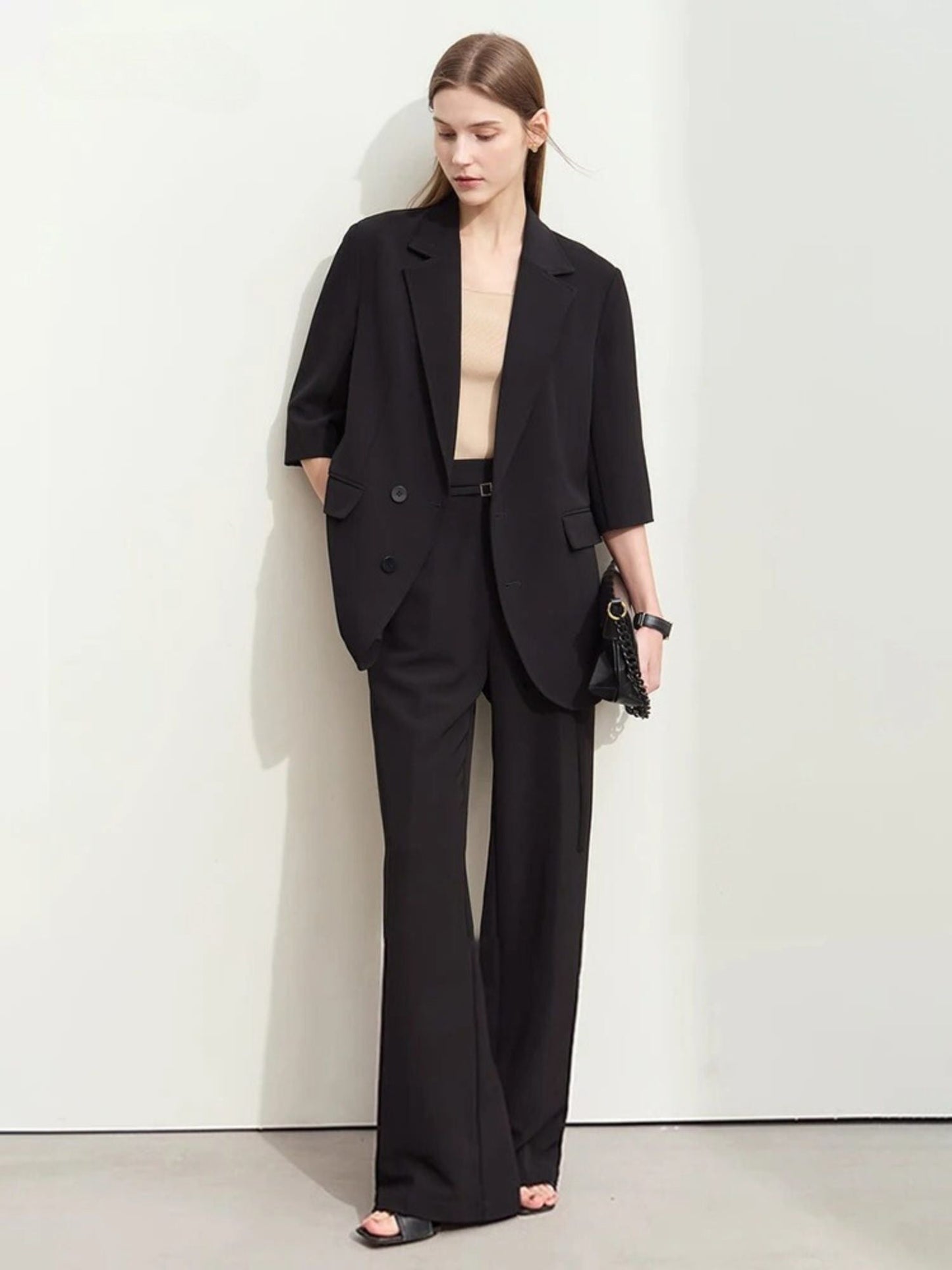 Loser Blazer- und hoch taillierte Weite-Hose Set