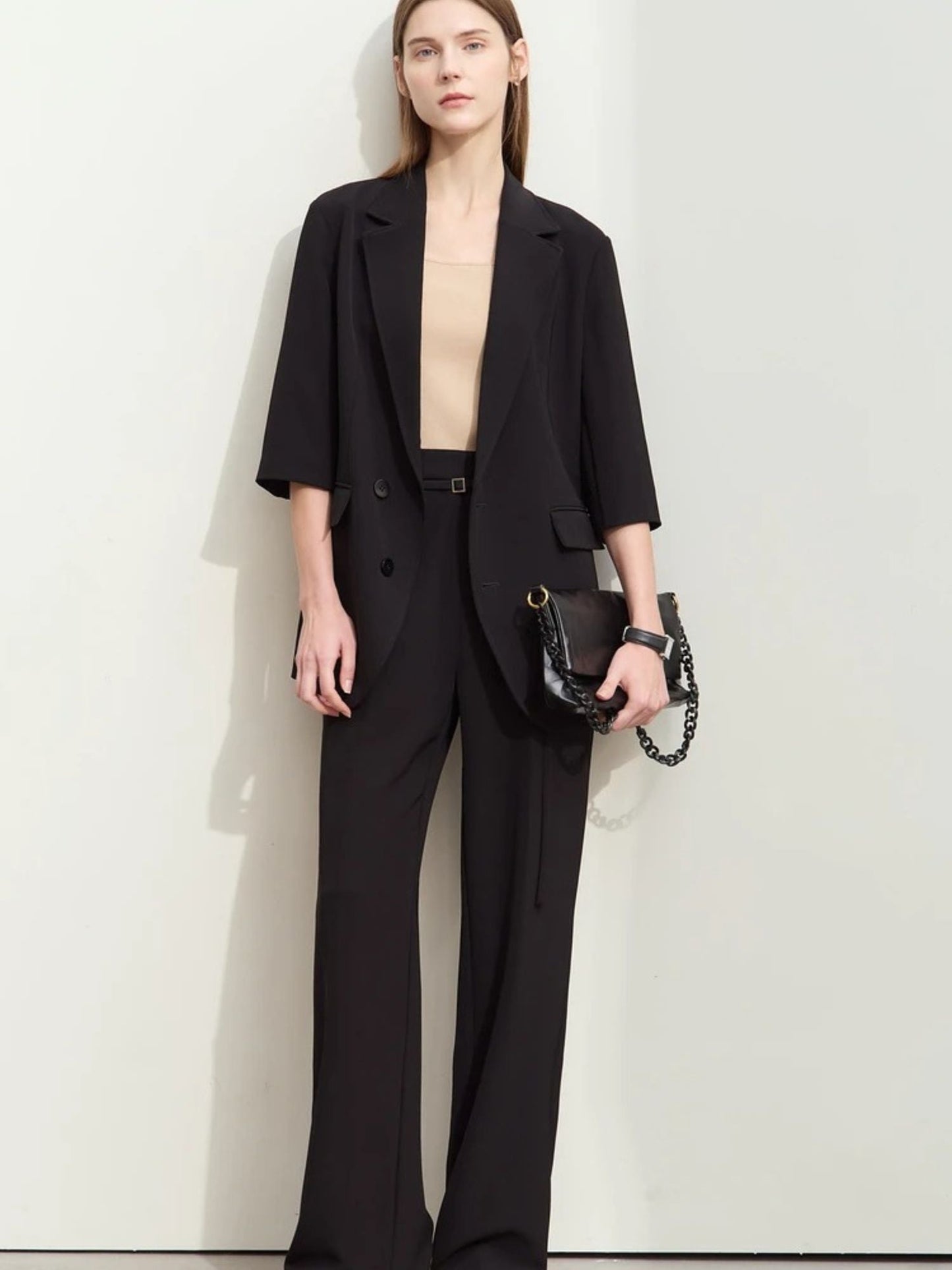 Loser Blazer- und hoch taillierte Weite-Hose Set