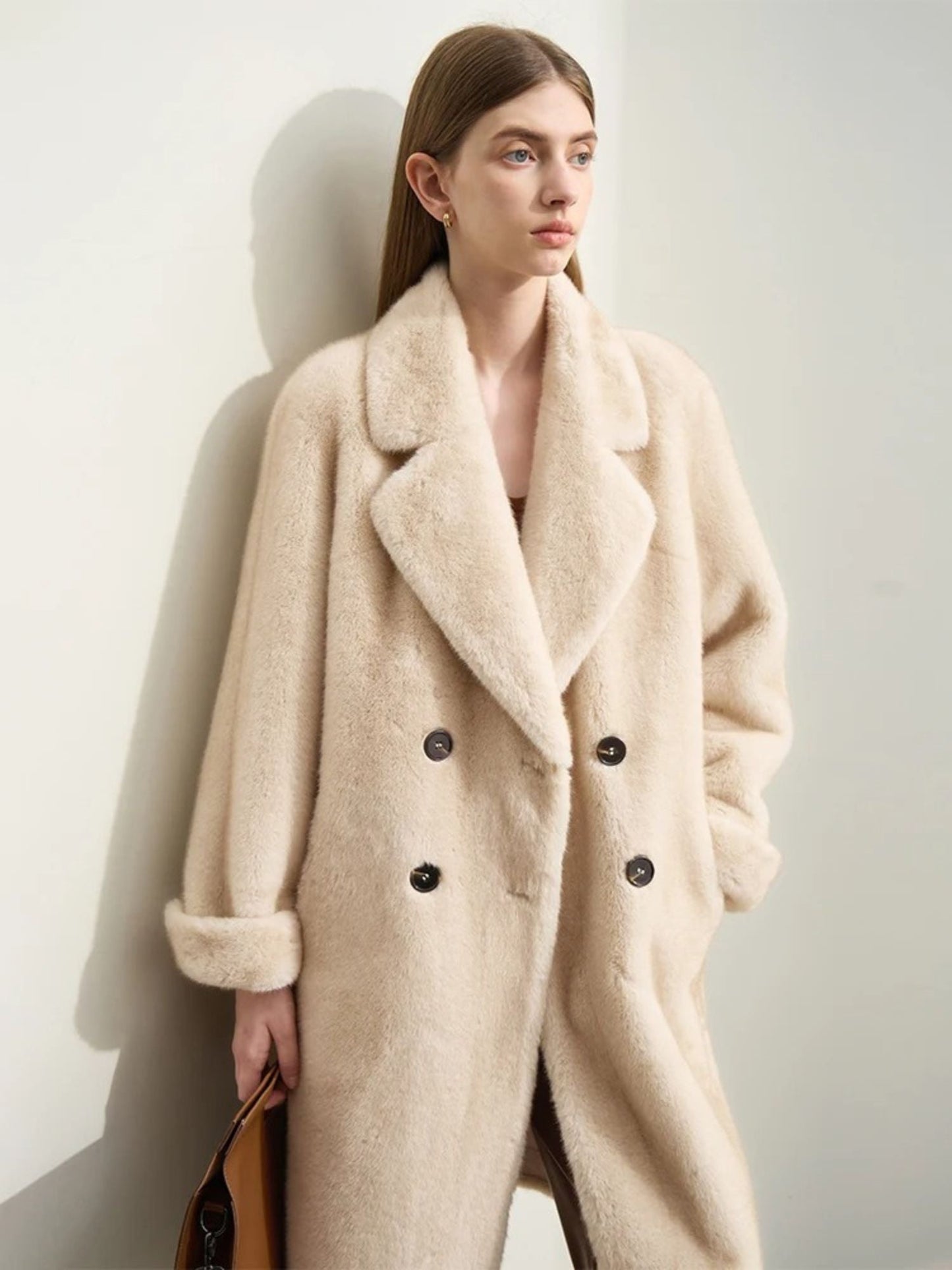 Fellimitatinierte Doppelreihige Winterjacke mit Umlegekragen