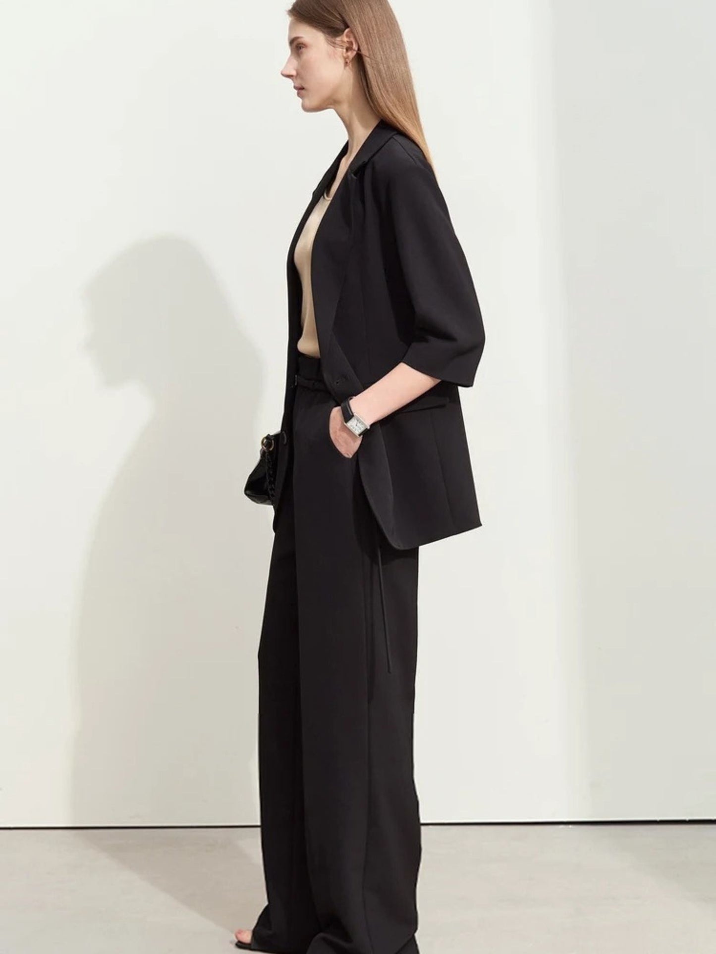 Loser Blazer- und hoch taillierte Weite-Hose Set