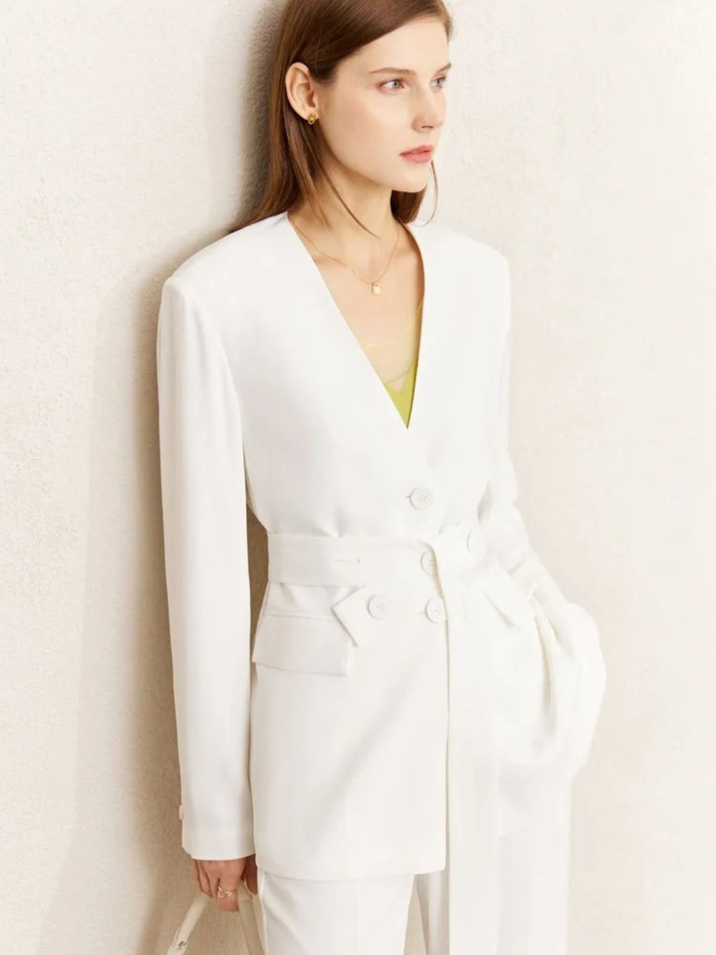 Minimalistischer V-Ausschnitt Blazer und Weitbein-Hose Set