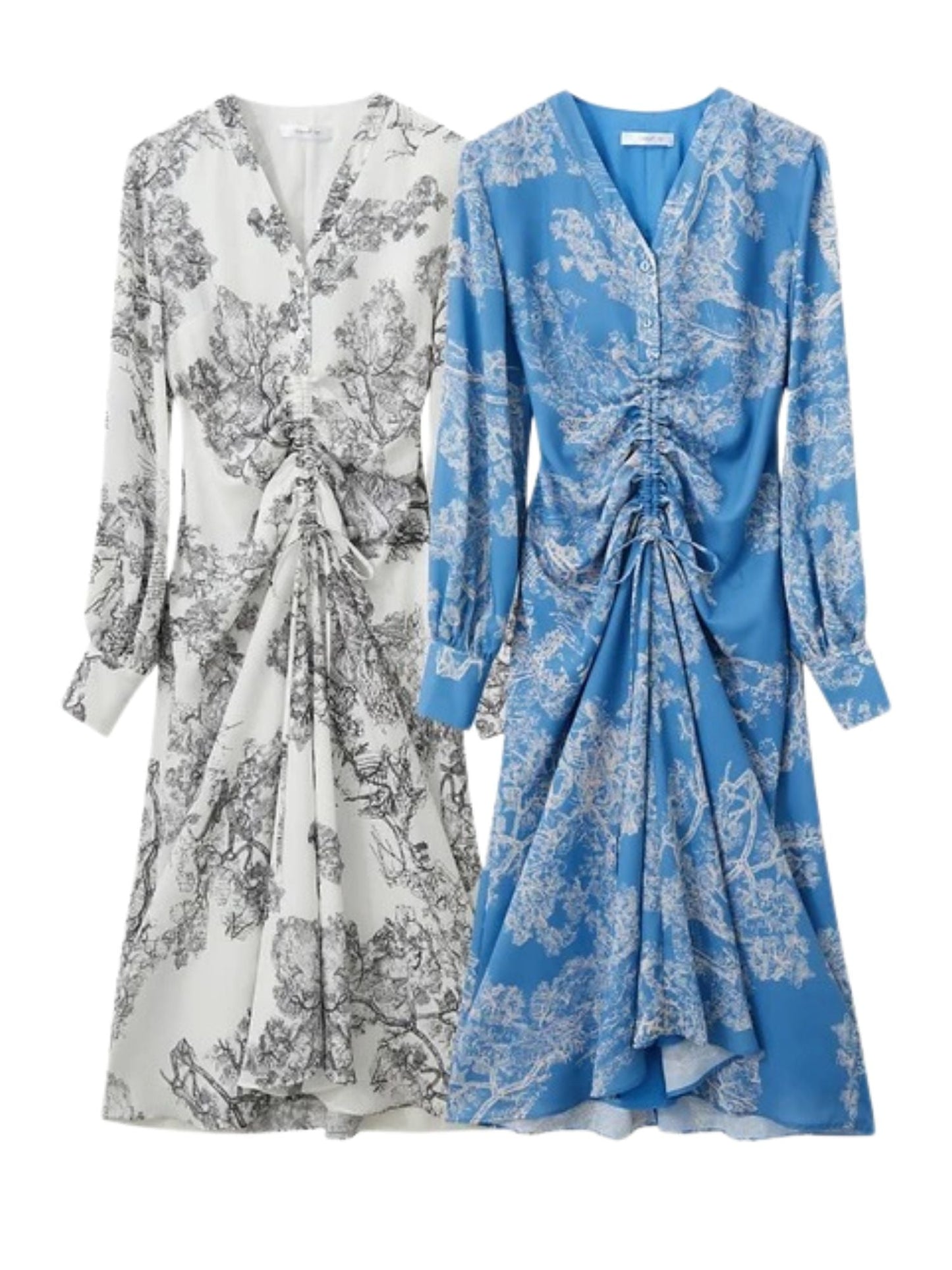 V-Ausschnitt Chiffon-Kleid mit Kordelzug und Laternenärmeln