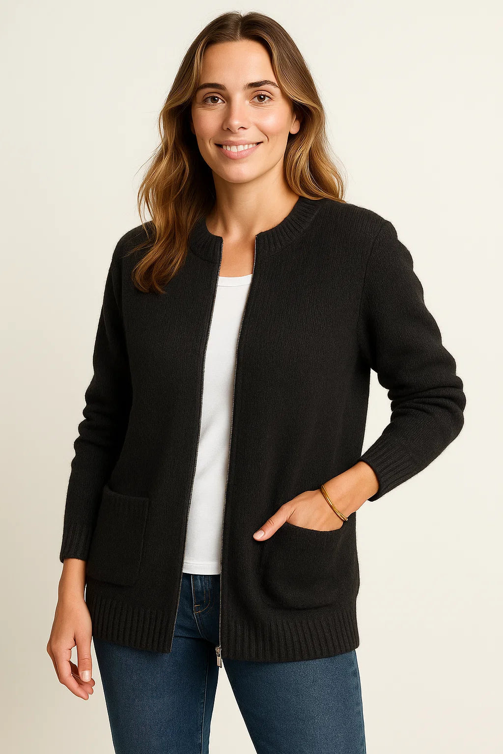 Damen Strickjacke mit Reißverschluss – Graue Cardigan in Lässiger Passform, Rundhalsausschnitt, Größen S bis 5XL 1