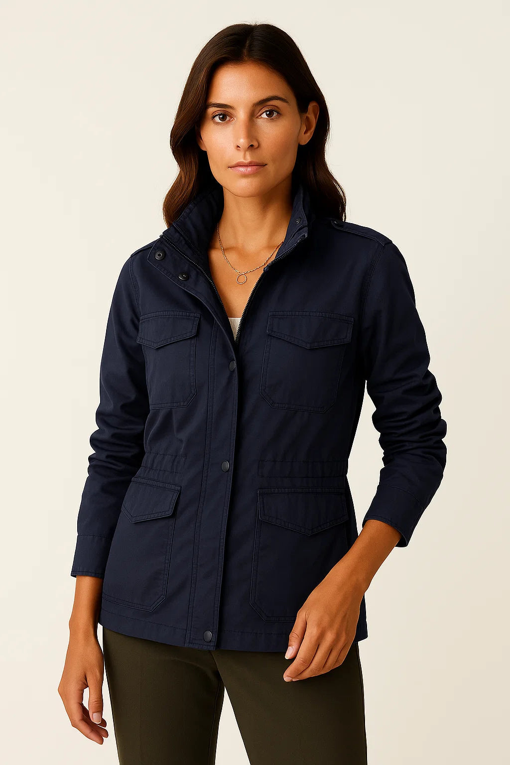 Elegante Damenjacke aus Polyester mit praktischen Taschen – Mittellange Jacke für Alltag und Freizeit 1