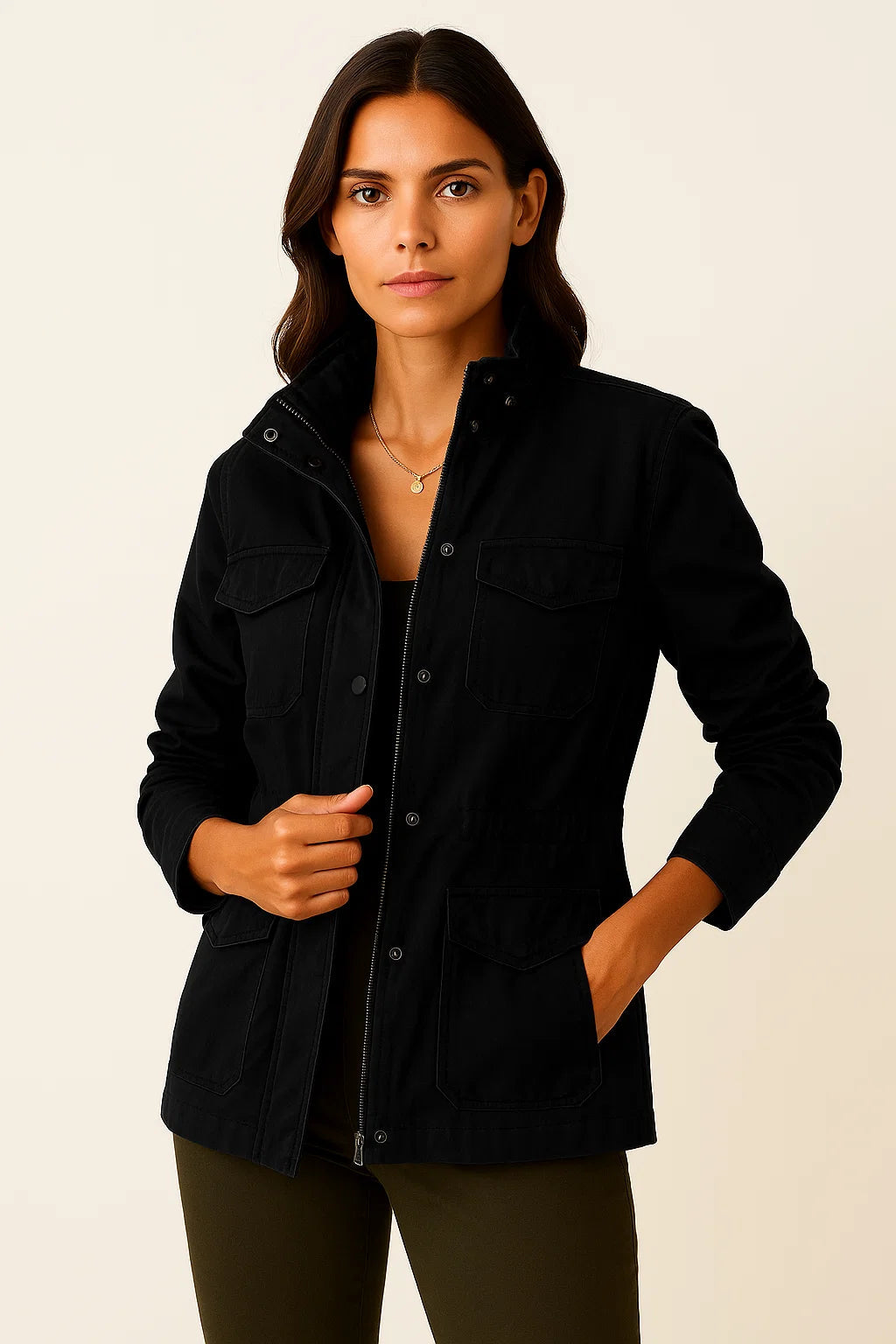 Elegante Damenjacke aus Polyester mit praktischen Taschen – Mittellange Jacke für Alltag und Freizeit 2
