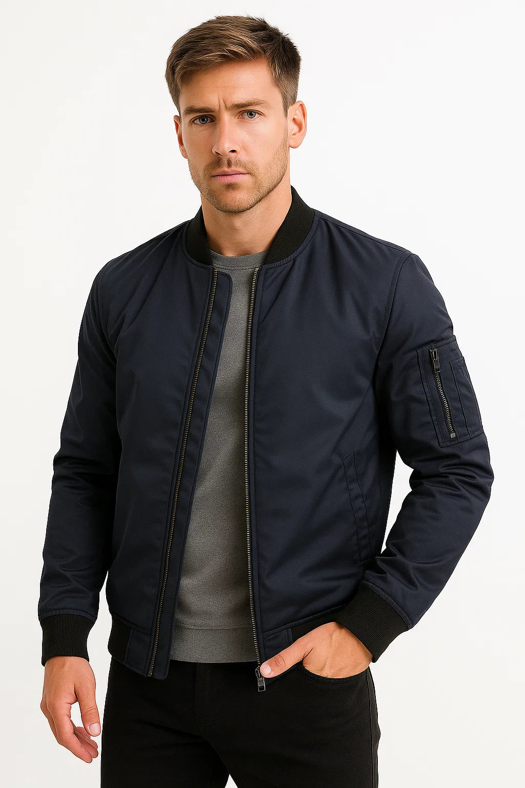 Herren-Bomberjacke aus wasserabweisendem Polyester – Schwarze, schmale Passform für lässige Anlässe 1