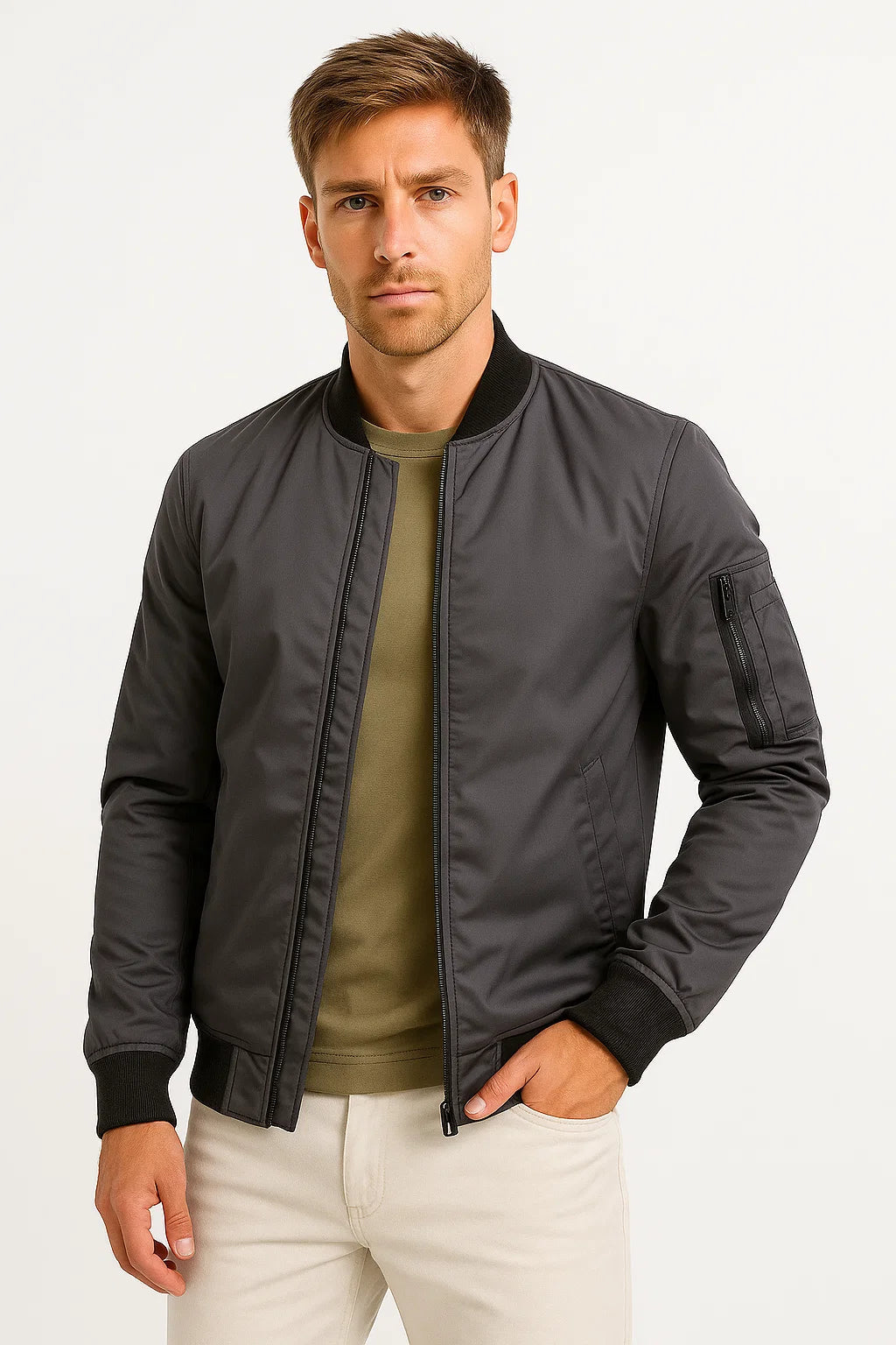 Herren-Bomberjacke aus wasserabweisendem Polyester – Schwarze, schmale Passform für lässige Anlässe 2