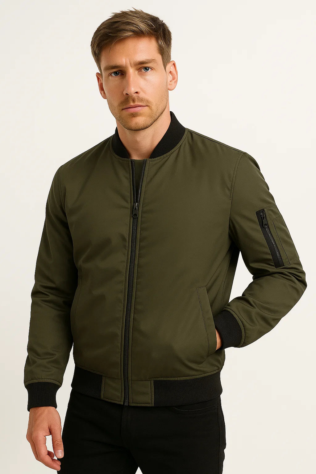 Herren-Bomberjacke aus wasserabweisendem Polyester – Schwarze, schmale Passform für lässige Anlässe 3