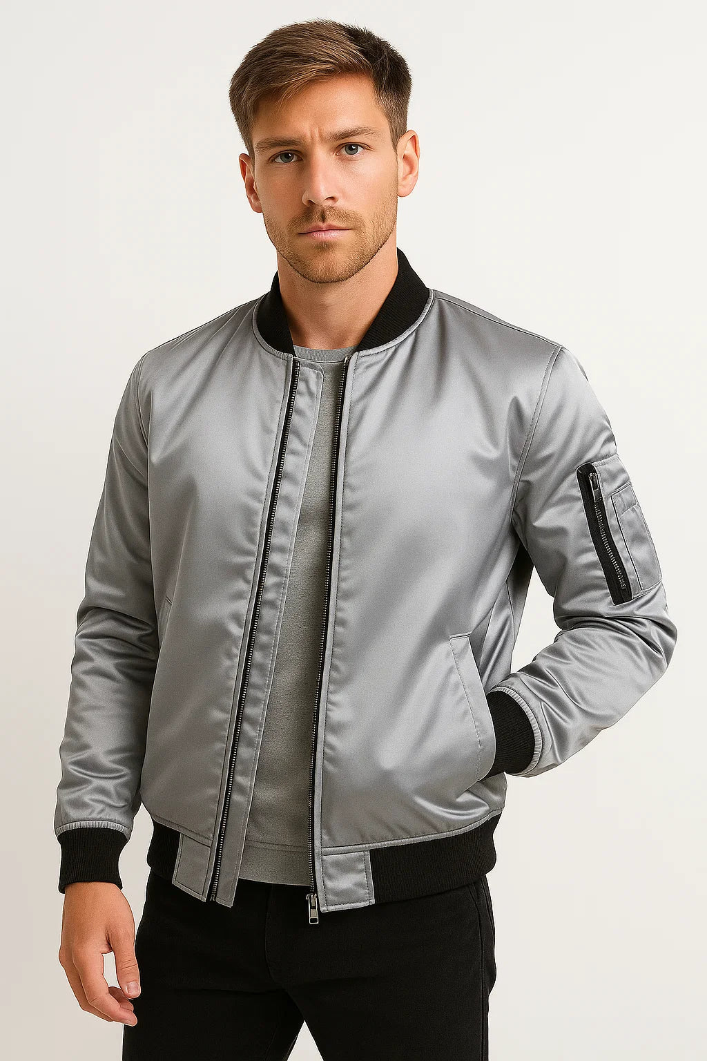 Herren-Bomberjacke aus wasserabweisendem Polyester – Schwarze, schmale Passform für lässige Anlässe 4