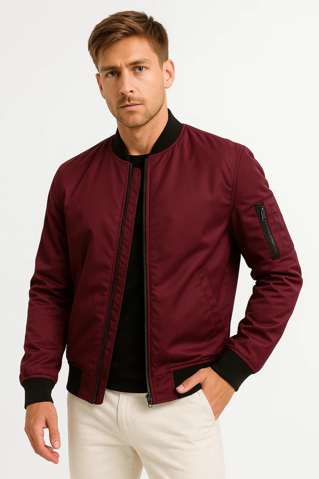 Herren-Bomberjacke aus wasserabweisendem Polyester – Schwarze, schmale Passform für lässige Anlässe 6