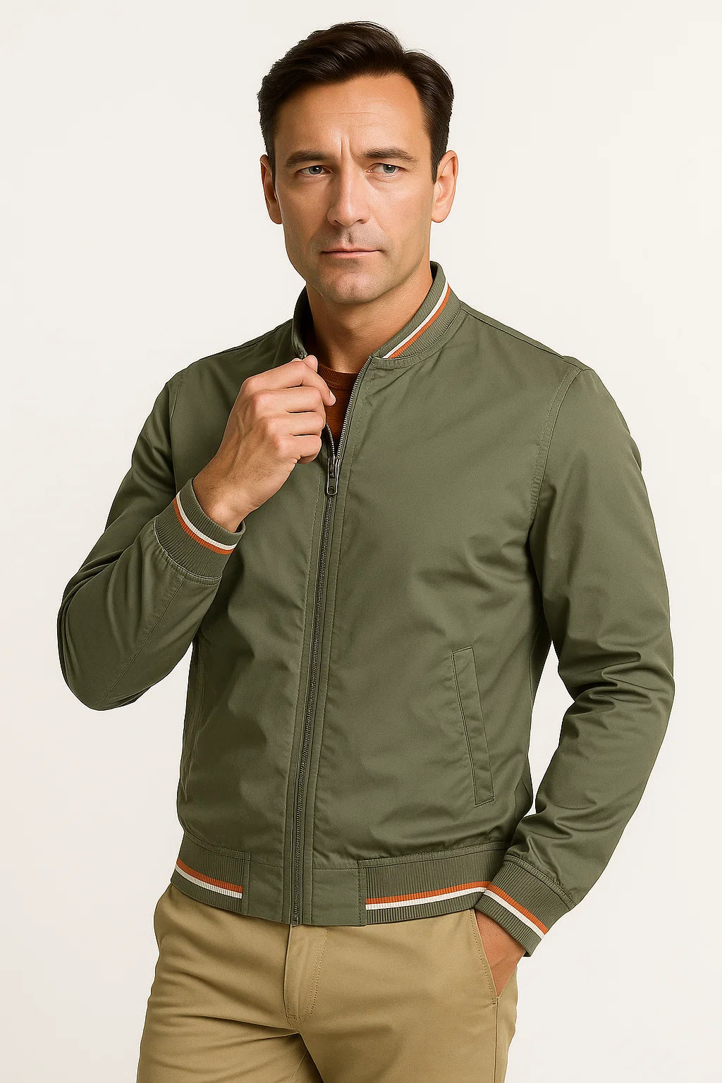 Herren Bomberjacke aus leichtem Polyester mit Reißverschluss – Slim Fit für Freizeit und Übergangszeit in Khaki, Grün, Schwarz, Weiß, Marineblau 1