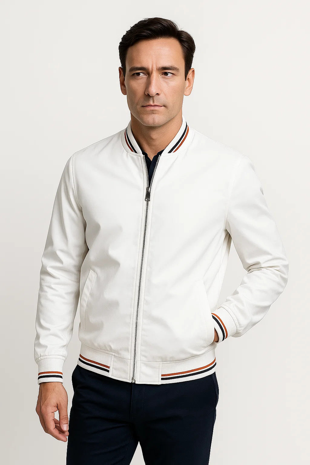 Herren Bomberjacke aus leichtem Polyester mit Reißverschluss – Slim Fit für Freizeit und Übergangszeit in Khaki, Grün, Schwarz, Weiß, Marineblau 2