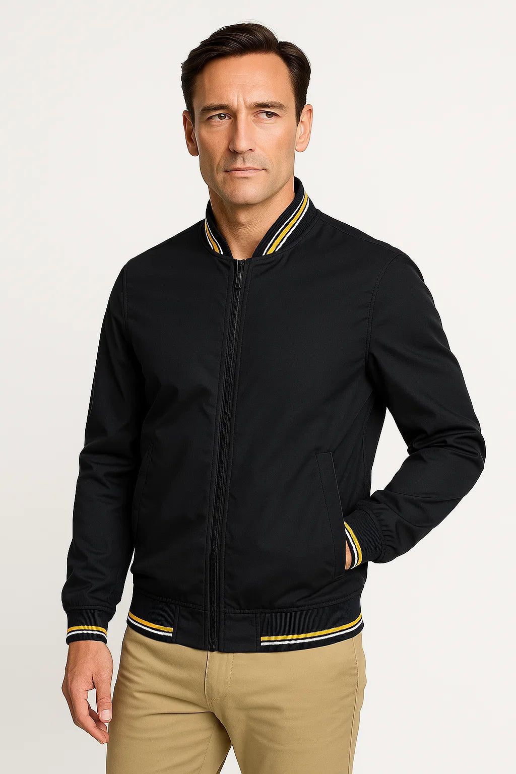 Herren Bomberjacke aus leichtem Polyester mit Reißverschluss – Slim Fit für Freizeit und Übergangszeit in Khaki, Grün, Schwarz, Weiß, Marineblau 3