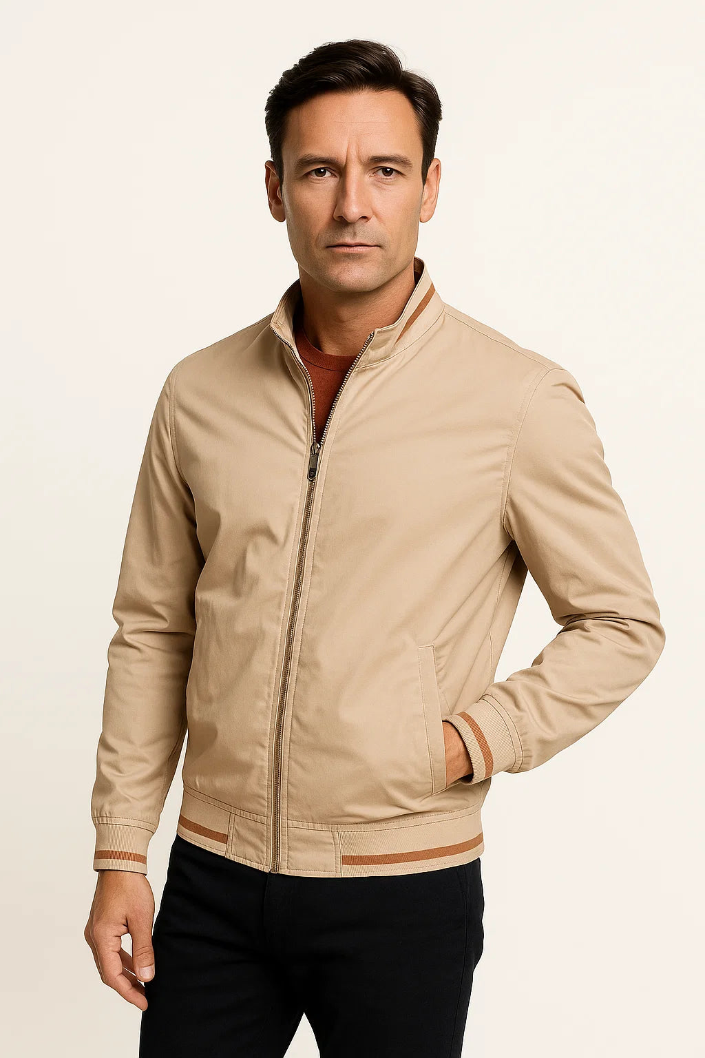 Herren Bomberjacke aus leichtem Polyester mit Reißverschluss – Slim Fit für Freizeit und Übergangszeit in Khaki, Grün, Schwarz, Weiß, Marineblau 4
