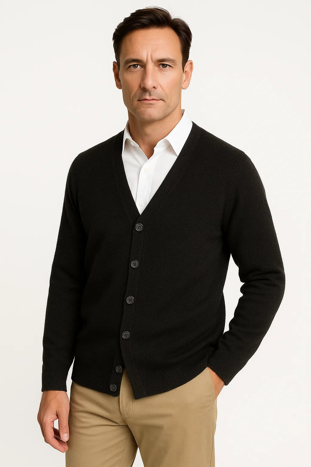 Herren Cardigan aus 100 % Merinowolle mit V-Ausschnitt – Klassische Strickmode in Schwarz, Khaki, Hellgrau und Dunkelgrau 3