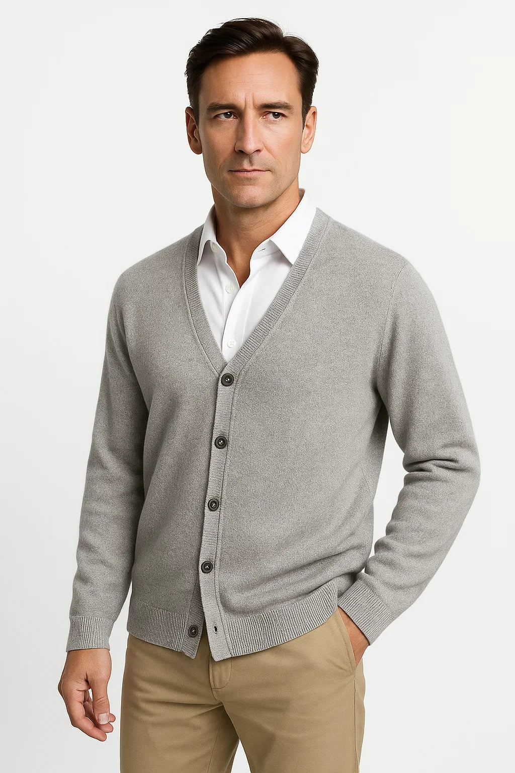 Herren Cardigan aus 100 % Merinowolle mit V-Ausschnitt – Klassische Strickmode in Schwarz, Khaki, Hellgrau und Dunkelgrau 4