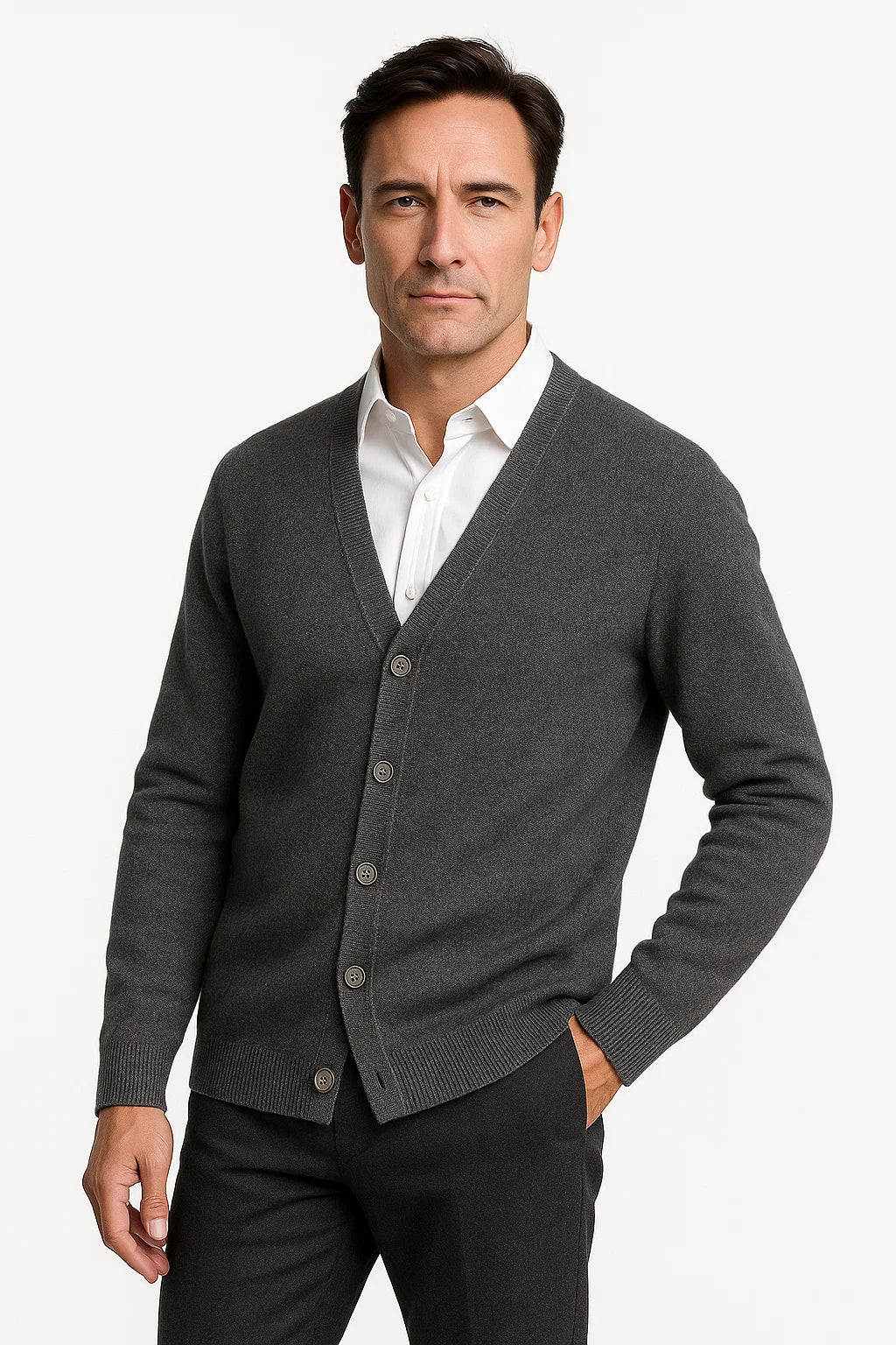 Herren Cardigan aus 100 % Merinowolle mit V-Ausschnitt – Klassische Strickmode in Schwarz, Khaki, Hellgrau und Dunkelgrau 5
