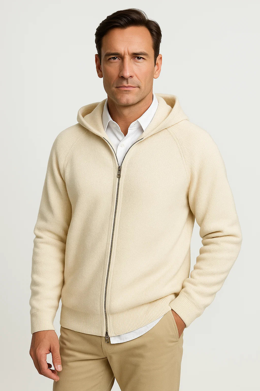 Herren Strickjacke aus 100% Merinowolle mit Kapuze und Reißverschluss – Dicke Cardigan für Herbst und Winter, Bequeme Passform 3