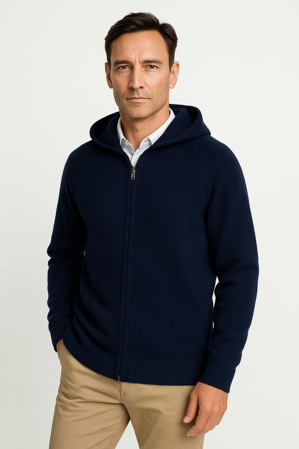 Herren Strickjacke aus 100% Merinowolle mit Kapuze und Reißverschluss – Dicke Cardigan für Herbst und Winter, Bequeme Passform 4