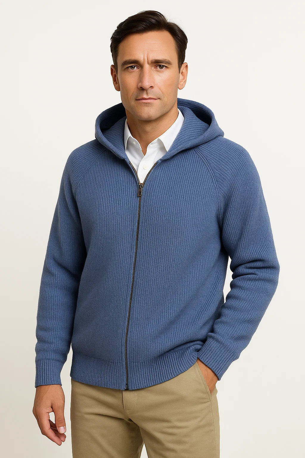 Herren Strickjacke aus 100% Merinowolle mit Kapuze und Reißverschluss – Dicke Cardigan für Herbst und Winter, Bequeme Passform 5