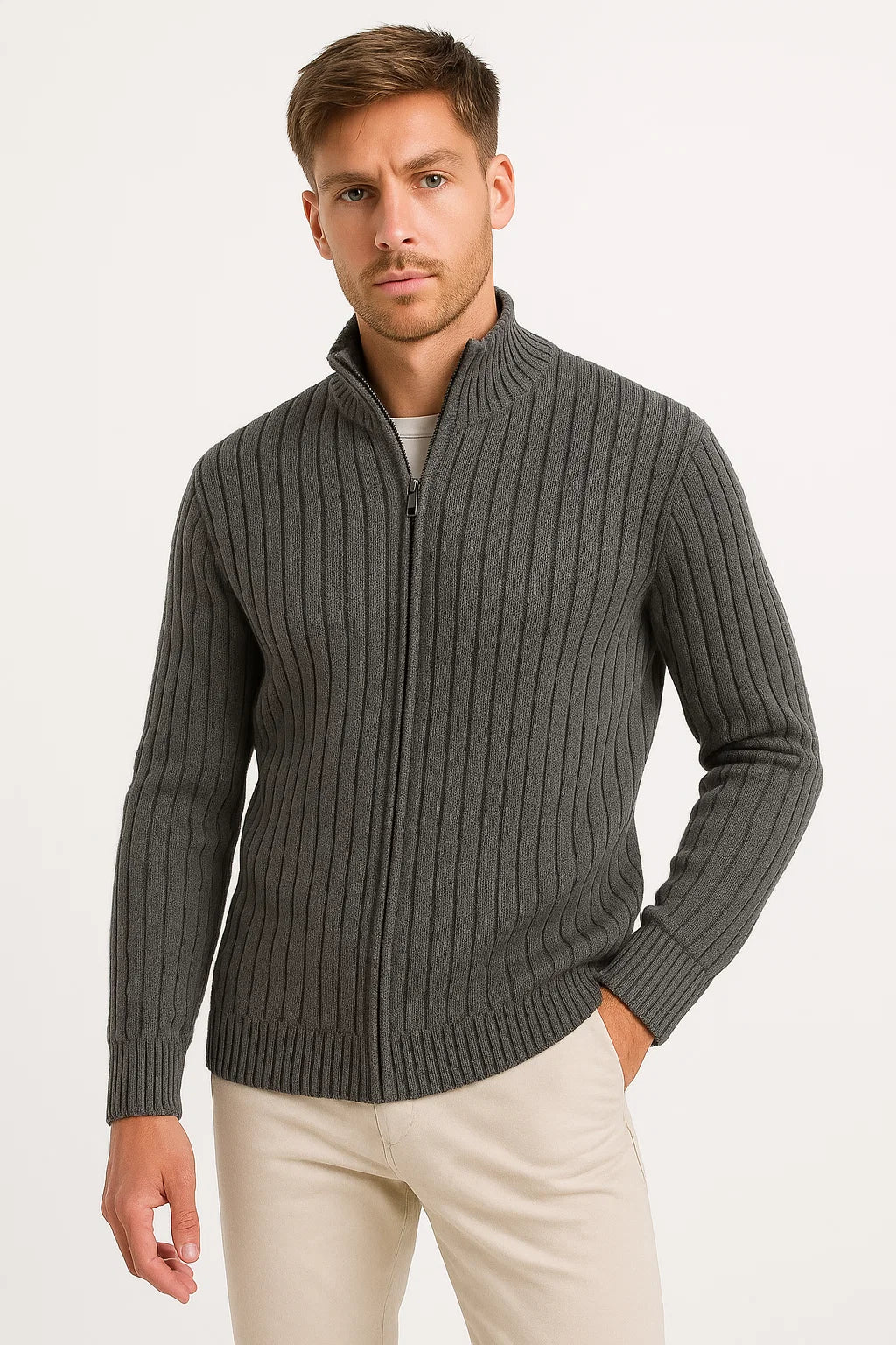 Herren Strickjacke in Grau – Leichter Rippstrick für Vielseitigen Lagenlook, Ideal für Herbst und Frühling 2