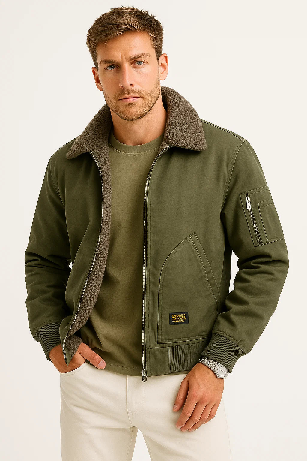 Herrenjacke Bomber aus Baumwoll-Canvas mit Sherpa-Futter – Windabweisend und Bequem, Klassische Passform, Utility-Taschen 3