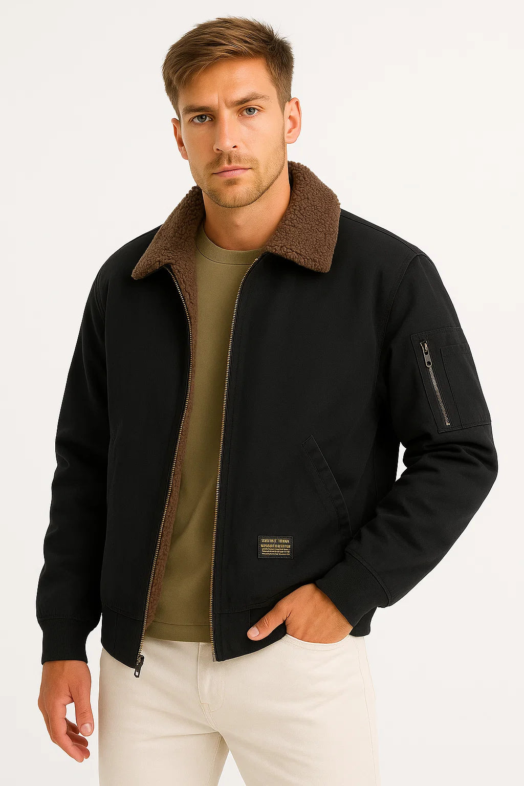 Herrenjacke Bomber aus Baumwoll-Canvas mit Sherpa-Futter – Windabweisend und Bequem, Klassische Passform, Utility-Taschen 4