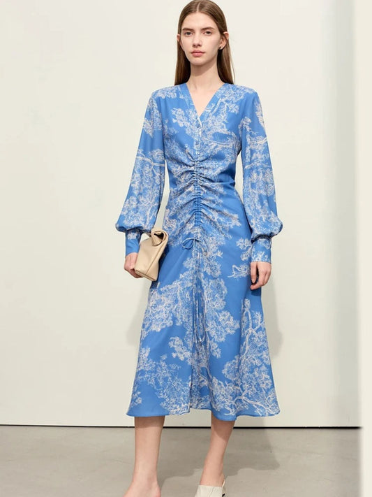 V-Ausschnitt Chiffon-Kleid mit Kordelzug und Laternenärmeln