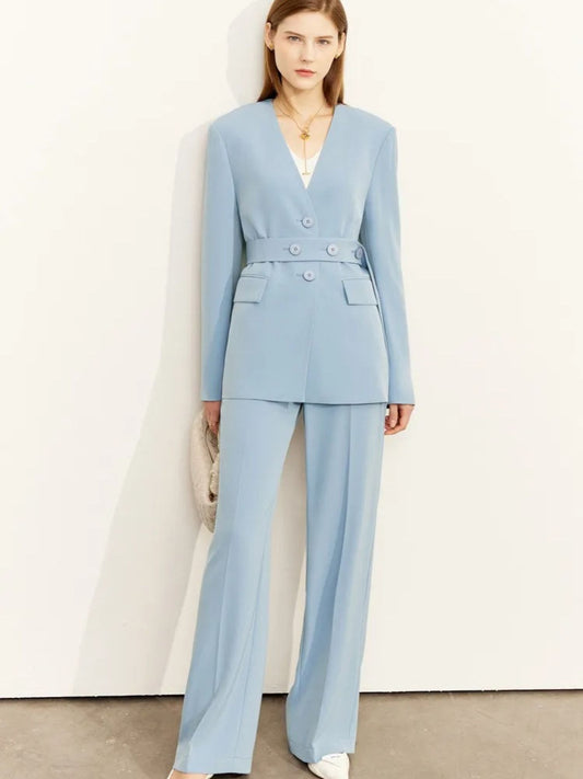 Minimalistischer V-Ausschnitt Blazer und Weitbein-Hose Set