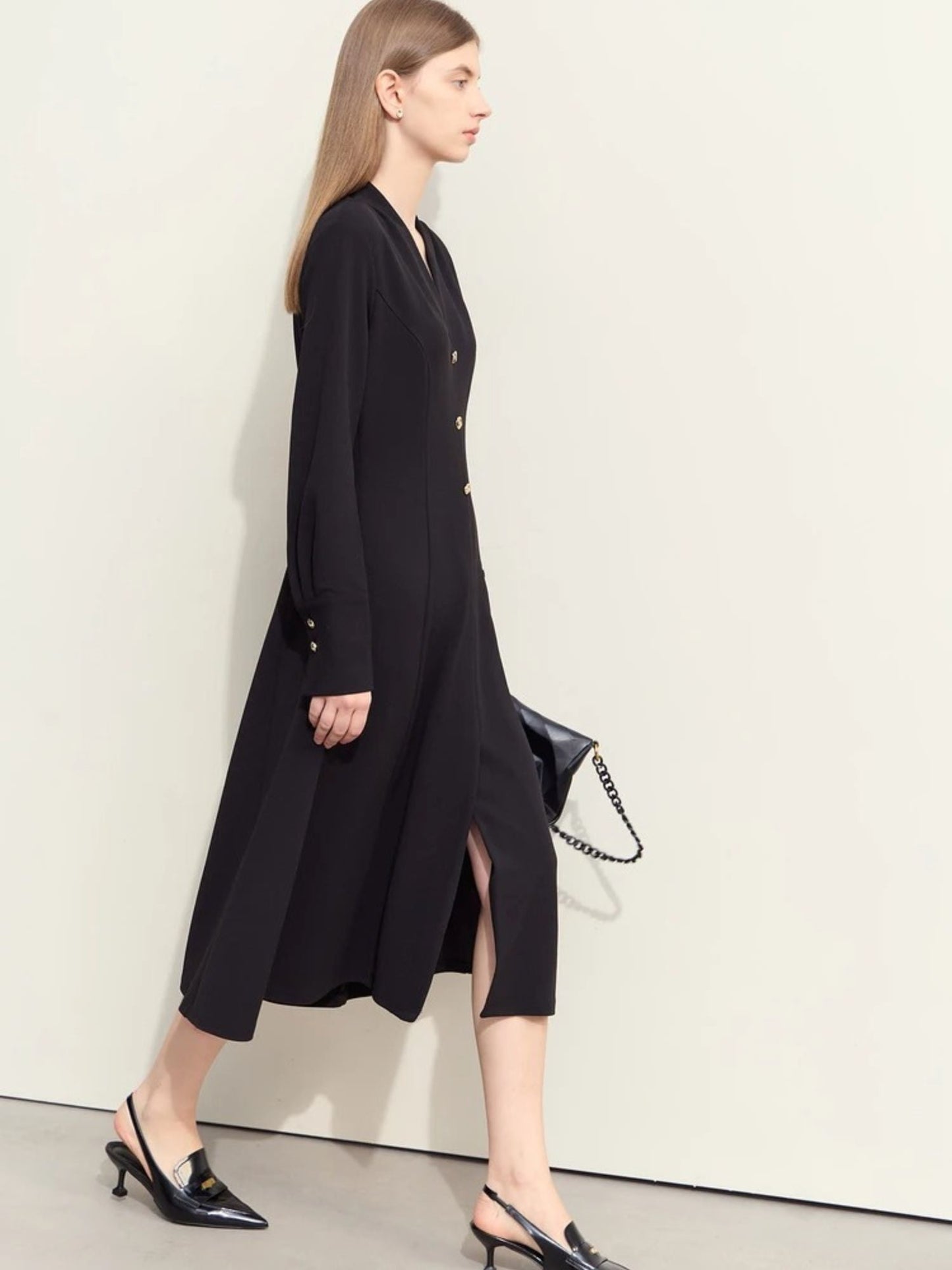 V-Ausschnitt Mid-Calf Kleid mit Umschlagärmeln