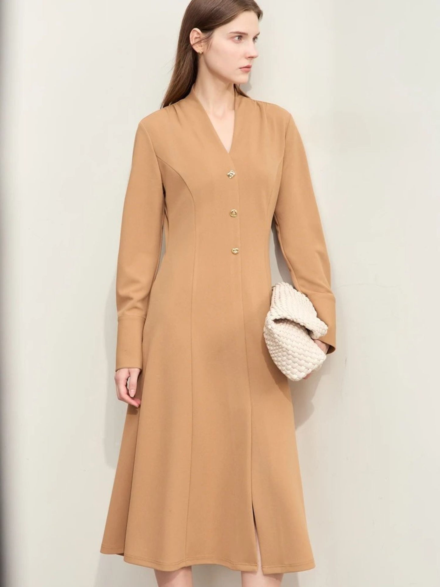 V-Ausschnitt Mid-Calf Kleid mit Umschlagärmeln
