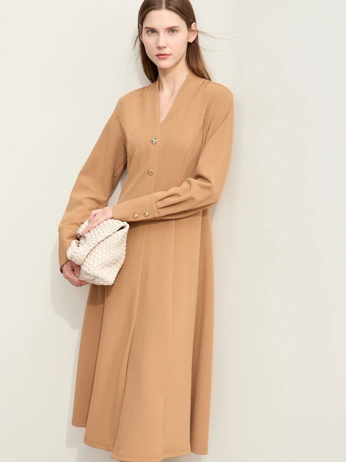 V-Ausschnitt Mid-Calf Kleid mit Umschlagärmeln