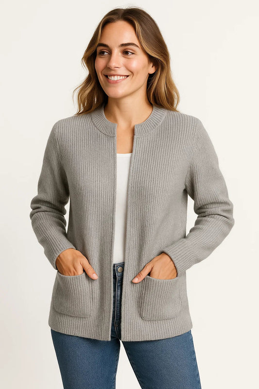 Damen Strickjacke mit Reißverschluss – Graue Cardigan in Lässiger Passform, Rundhalsausschnitt, Größen S bis 5XL 0
