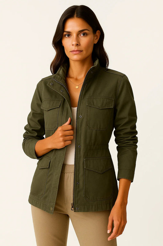 Elegante Damenjacke aus Polyester mit praktischen Taschen – Mittellange Jacke für Alltag und Freizeit 0