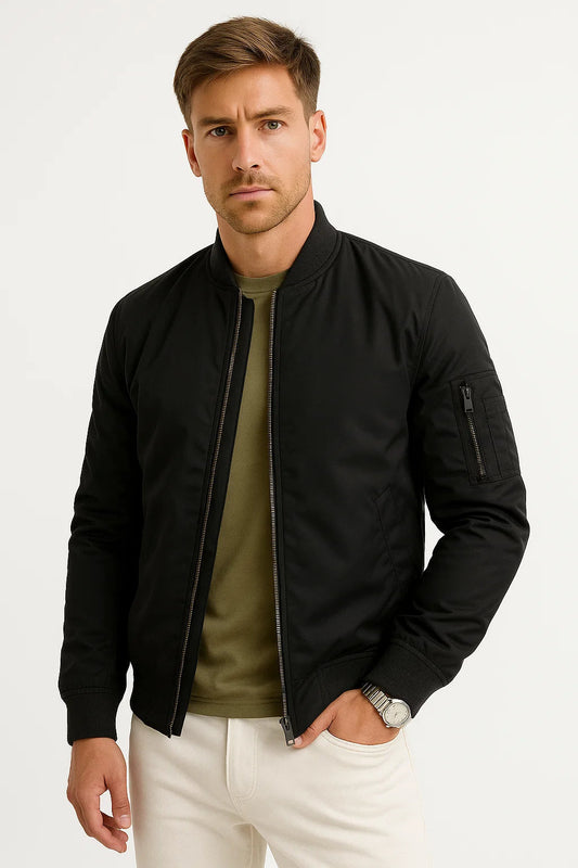 Herren-Bomberjacke aus wasserabweisendem Polyester – Schwarze, schmale Passform für lässige Anlässe 0