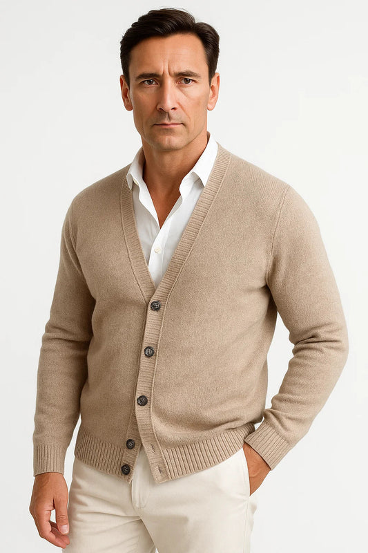 Herren Cardigan aus 100 % Merinowolle mit V-Ausschnitt – Klassische Strickmode in Schwarz, Khaki, Hellgrau und Dunkelgrau 0