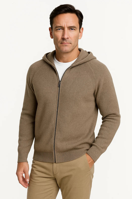 Herren Strickjacke aus 100% Merinowolle mit Kapuze und Reißverschluss – Dicke Cardigan für Herbst und Winter, Bequeme Passform 0