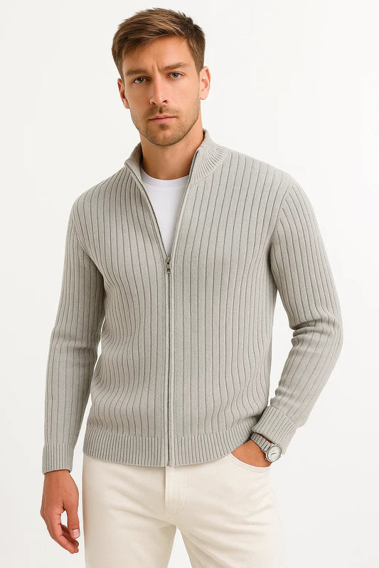 Herren Strickjacke in Grau – Leichter Rippstrick für Vielseitigen Lagenlook, Ideal für Herbst und Frühling 0