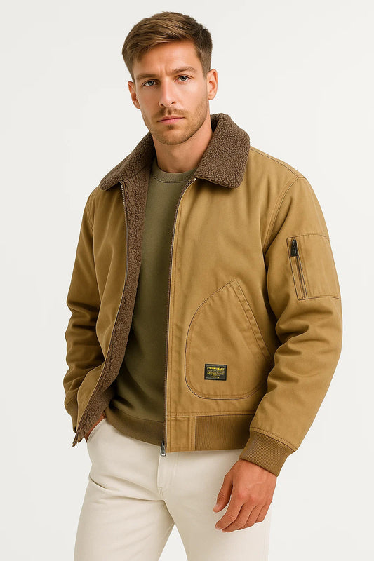 Herrenjacke Bomber aus Baumwoll-Canvas mit Sherpa-Futter – Windabweisend und Bequem, Klassische Passform, Utility-Taschen 0
