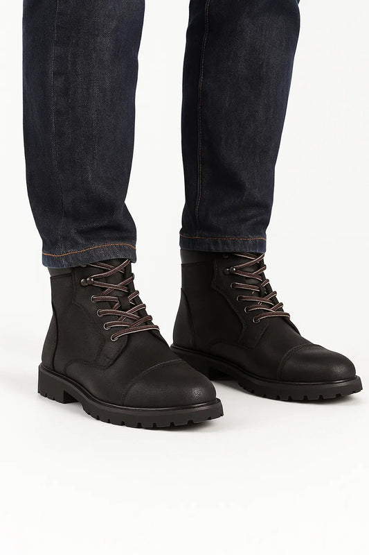 Schwarze Herren Stiefeletten aus PU-Leder mit Gepolstertem Kragen und Schnürverschluss – Bequeme Stiefeletten für Alltag und Freizeit 0