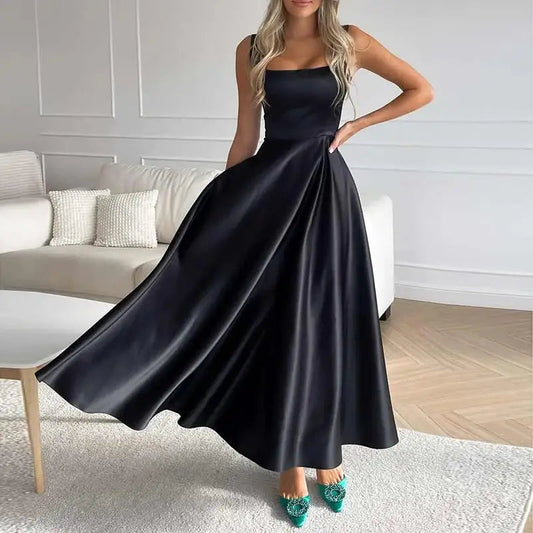 Serena | Elegantes Midikleid Satin A-Linie mit Spaghettiträgern 0